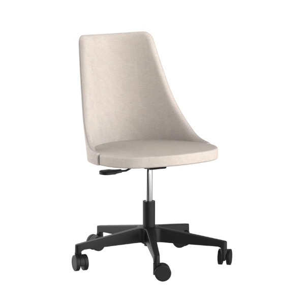 Cadeira Ella Office c/ braço - <p>Encosto e assento em MDF estofado, com espuma de boa densidade, revestido com tecido.</p>
<p>Base em nylon de alta resistência ou aço cromado. Rodízios de 65mm, em PU, excelente para uso em pisos frios, madeirados e sobre carpetes. Coluna com regulagem e sistema relax, possibilitando inclinar o<br />
encosto/assento, melhorando a ergonomia e o conforto durante o uso do produto.</p>