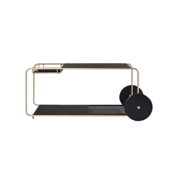 Carro Bar Donatela - <p>Carro bar com estrutura tubular com pintura, tampos em MDF revestidos em lâmina natural, detalhe em palha natural, com bandeja removível.</p>