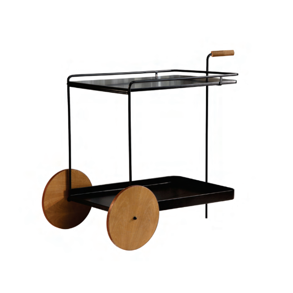 Carro bar René - <p>Carro bar com estrutura em aço carbono e tampo em lâmina de madeira natural ou MDF laqueado. Suas rodas são funcionais em MDF com filete de courino</p>