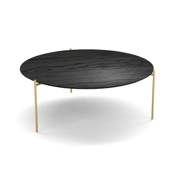 Mesa de centro Fênix c/ pé Metro - <p>Mesa de centro com tampo em madeira. Pés metro dourado ouro.</p>
<p>Medidas: Ø90 x 35cm</p>