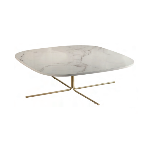 Mesa de centro Mos - <p>Mesa de centro com estrutura em aço carbono e tampo em MDF laqueado e vidro marmorizado sobreposto.</p>
