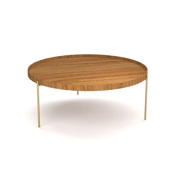 Mesa de centro Vitória Regia c/ pés metro - <p>Mesa de centro com tampo em madeira. Pés metro dourado ouro.</p>
<p>Medidas: Ø91,5 x 36cm</p>