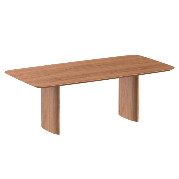 Mesa de jantar Bio - <p>Tampo em MDF no sistema tamburato (painel semi-oco, composto na parte externa por 2 chapas de MDF, coladas e prensadas sobre uma estrutura interna) com espessura de 37mm com bordas usinadas com chanfro em 60° que apresenta um efeito de “borda infinita”. O tampo formato Canto Garrafa, permite acabamento em laca, vidro colado ou laminado madeira.</p>
<p>A base é produzida em compensado laminado madeira ou fibra de vidro quando acabamento em laca.</p>
<p>Diversas medidas disponíveis.</p>