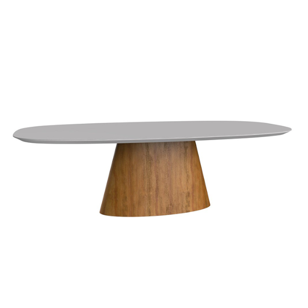 Mesa de Jantar Dora - <p>Tampo em MDF no sistema tamburato (painel semi-oco, composto na parte externa por 2 chapas de MDF, coladas e prensadas sobre uma estrutura interna) com espessura de 40mm com bordas usinadas com chanfro em 60° que apresenta um efeito de “borda infinita”. Na parte superior do tampo o acabamento pode ser com vidro colado ou laminado madeira, podendo ainda escolher os formatos oval ou barril.</p>
<p>A base é produzida em compensado laminado madeira ou fibra de vidro quando os acabamentos são laca ou microtextura.</p>
<p>Diversas medidas disponíveis.</p>