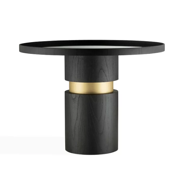 Mesa lateral Anelo - <p>Mesa lateral com tampo em madeira e vidro interno. Base laminado ébano e anel dourado ouro.</p>
<p>Medidas: Ø91,5 x 75cm</p>