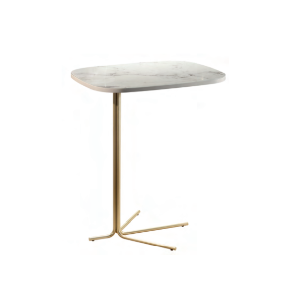 Mesa lateral Mos - <p>Mesa lateral com estrutura em aço carbono e tampo em MDF laqueado e vidro marmorizado sobreposto.</p>