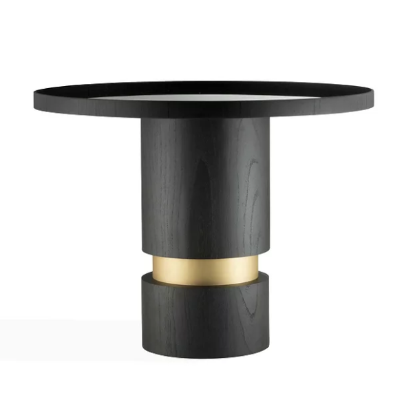 Mesa lateral Veridi - <p>Mesa lateral com tampo em madeira e vidro interno. Base laminado ébano e anel dourado ouro.</p>
<p>Medidas: Ø91,5 x 75cm</p>
